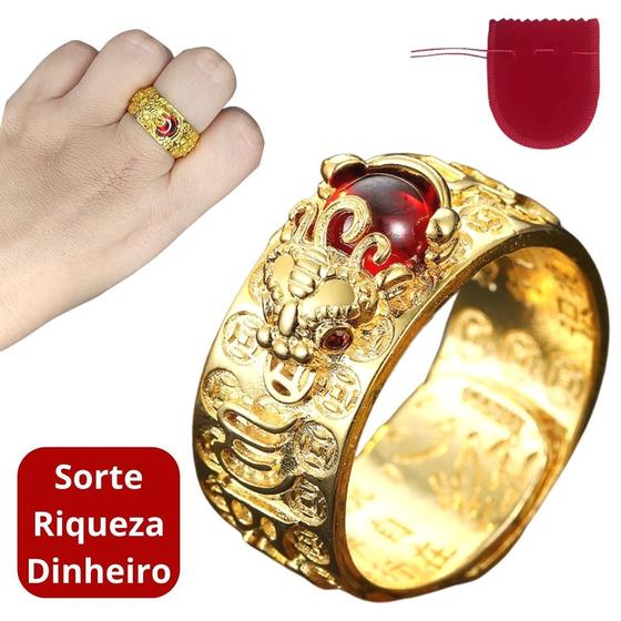 Imagem de Anel Dourado Banhado a Ouro Feng Shui Sorte Amuleto Regulável