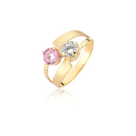 Imagem de Anel feminino ESCOVADO ouro 18k amarelo pedra rosa gm503