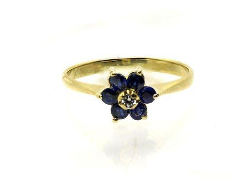 Imagem de Anel Flor Cravejada Pedra Azul Branca Ouro 18k Aro 17 J22934