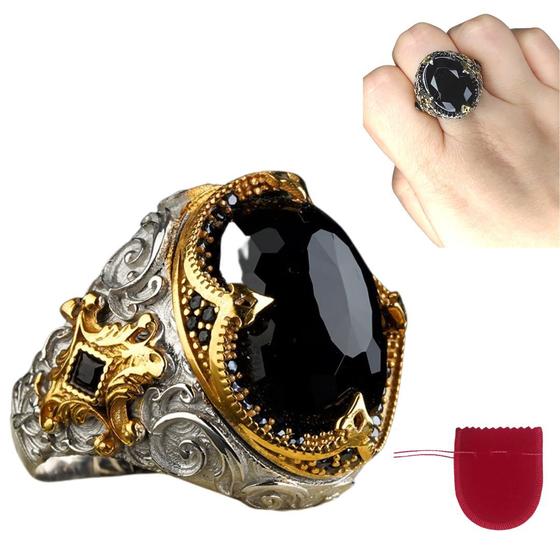 Imagem de Anel Grande Prateado e Dourado Cor Ônix  Ajustável
