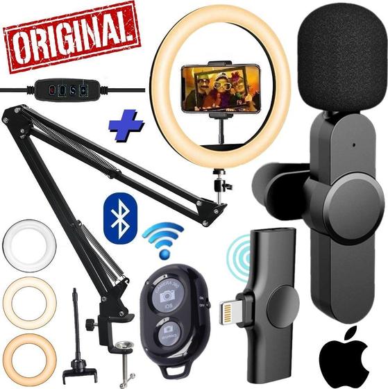 Imagem de Anel Iluminador Ring Light Led Braço Articulado Mesa Microfone Lapela Sem Fio Celular iOS Lightning Estúdio Youtuber