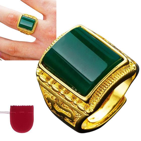 Imagem de Anel Masculino Dourado Pedra Verde Banhado Regulável