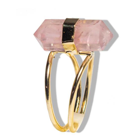 Imagem de Anel Micro Pontinha Quartzo Rosa Bi Ponta Ajustavel Dourado