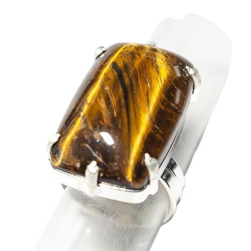Imagem de Anel Olho de Tigre Retangular Natural Aro Ajustavel Prateado