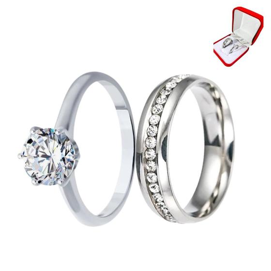 Imagem de Anel Prata Cravejado 6mm Pedras Brancas Zircônia + Anel Solitário 2mm Prata Pedra Branca Luxo