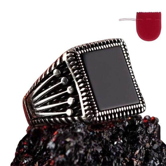 Imagem de Anel Prateado Preto Esmaltado Com Detalhes Regulável
