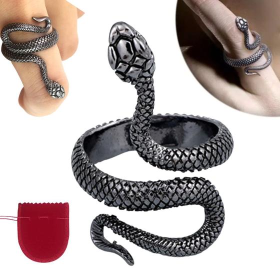 Imagem de Anel Preto Prateado Ajustável Cobra Serpente Snake