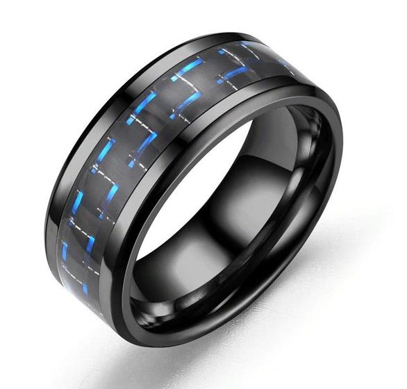 Imagem de Anel Tungstenio Preta com Fibra De Carbono Azul