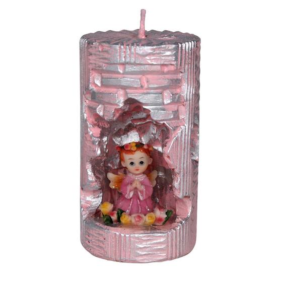 Imagem de Anjinho na Vela Decorativa. Rossoni Velas. Entalhe a mão com anjo em resina 4 cm.rosa. 07x13