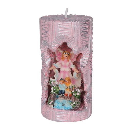 Imagem de Anjo da Guarda. Rossoni Velas. Gruta em vela tam 10x18cm. Rosa. Imagem em resina.