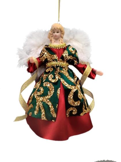 Imagem de Anjo Topo Arvore Natal Vermelho/Verde Enfeite Pequeno 18Cm