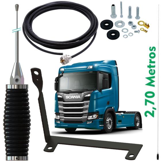 Imagem de Antena Móvel Px Maria Mole Inox 2,70 metros Suporte Traseiro Lado Motorista Nova Scania Cabo 5,5m Parafusos Anti-Furto