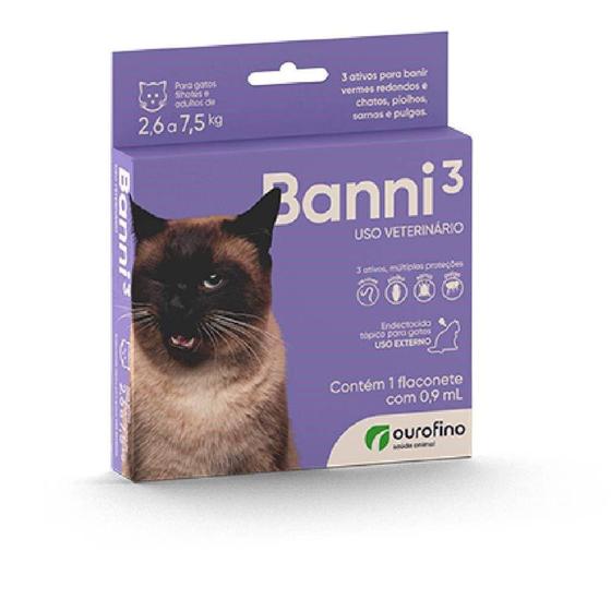 Imagem de Antiparasitário Banni 3 Ourofino para Gatos de 2,6 kg a 7,5 Kg - 1 flaconete 0,9 ml - Ouro Fino