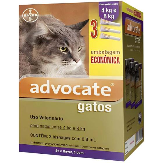 Imagem de Antipulgas Advocate Bayer para Gatos de 4kg até 8kg - 3 Bisnagas de 0,8ml