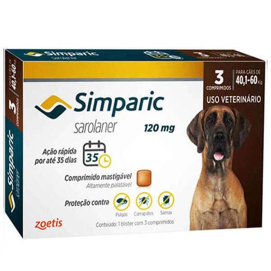 Imagem de Antipulgas e Carrapaticida Simparic Zoetis 120mg Cães de 40,1 a 60kg 3 Comprimidos