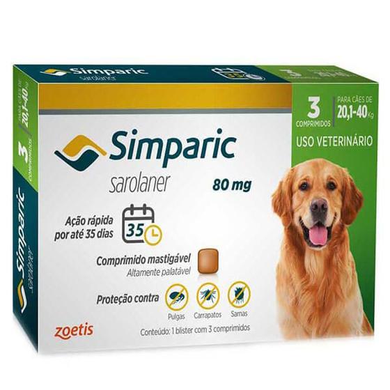 Imagem de Antipulgas e Carrapaticida Simparic Zoetis 80mg Cães de 20,1 a 40kg 3 Comprimidos