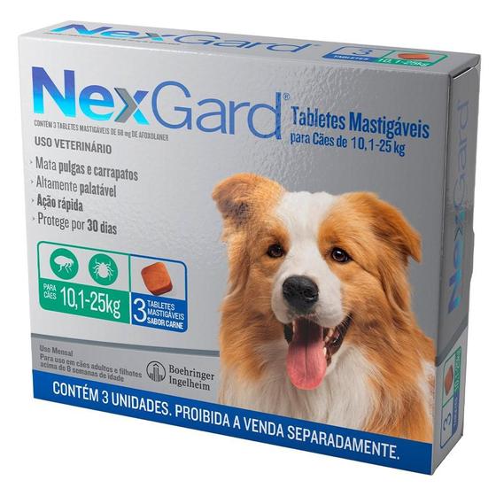 Imagem de Antipulgas e Carrapatos NexGard 68 mg para Cães de 10,1 a 25 Kg - 3 Tabletes