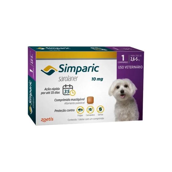 Imagem de Antipulgas e Carrapatos Simparic 10mg 2,6 a 5 Kg Zoetis - 1 Comprimido