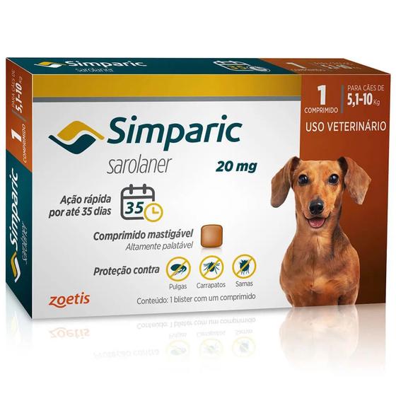 Imagem de Antipulgas e Carrapatos Simparic 20mg 5,1 a 10Kg Zoetis - 1 Comprimido