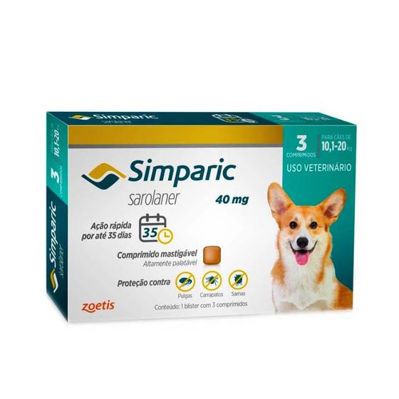 Imagem de Antipulgas e Carrapatos Simparic 40mg para Cães 10,1 a 20 Kg Zoetis - 3 Comprimidos