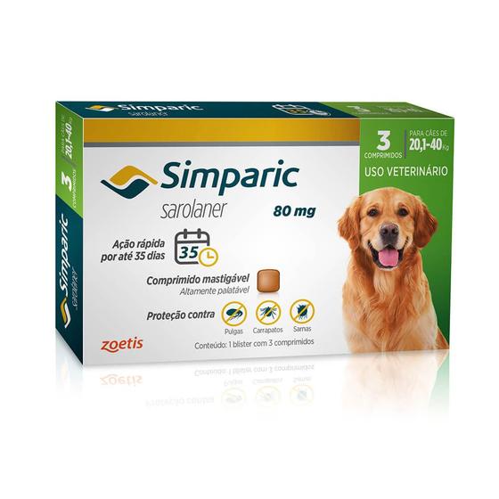 Antipulgas e Carrapatos Simparic 80 mg para Cães de 20,1 a 40 kg com 3 Comprimidos - ZOETIS Imagem de Antipulgas e Carrapatos Simparic 80 mg para Cães de 20,1 a 40 kg com 3 Comprimidos