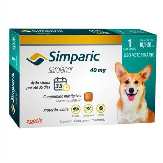 Imagem de Antipulgas e Carrapatos Simparic Cães de 10,1 a 20kg com 1 Comprimido