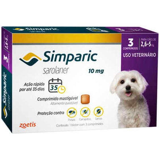 Imagem de Antipulgas e carrapatos simparic para cães de 2,6 a 5kg 10mg 3 comprimidos
