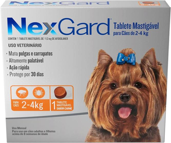 Imagem de Antipulgas Nexgard Cães 2 a 4 Kg 1 Tablete Mastigável Anti Pulgas Carrapatos