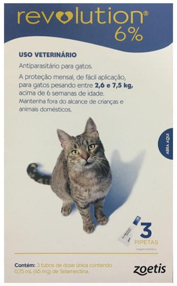 Antipulgas Revolution para Gatos de 2,6 a 7,5 kg Caixa com 3 pipetas 45 mg Menor preço em Antipulgas Revolution para Gatos de 2,6 a 7,5 kg Caixa com 3 pipetas 45 mg