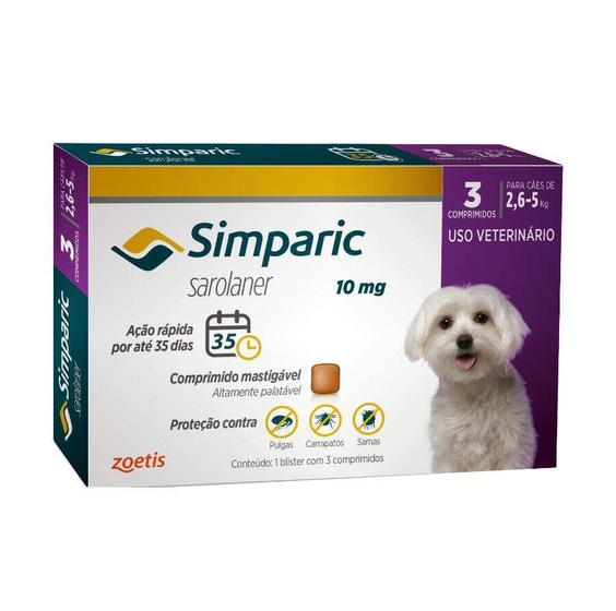 Imagem de Antipulgas Simparic 10 mg para cães 2,6 a 5 kg - Zoetis - 3 unidades