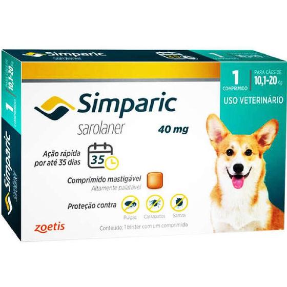Antipulgas Simparic 10,1 a 20 kg 40 mg - comprimido unitário Menor preço em Antipulgas Simparic 10,1 a 20 kg 40 mg - comprimido unitário