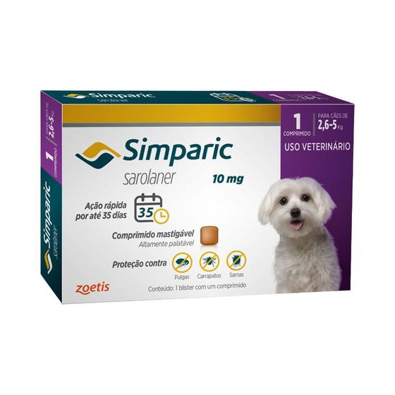 Imagem de Antipulgas Simparic 10mg Cães de 2,6 a 5kg com 01 Comprimido 