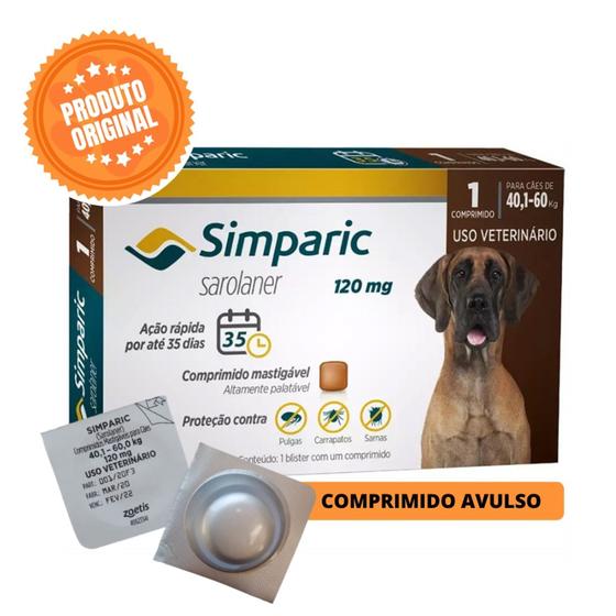 Imagem de Antipulgas Simparic 120mg para Cães de 40,1 a 60Kg 1 Comprimido Avulso