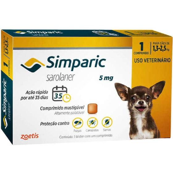 Imagem de Antipulgas Simparic 1,3 a 2,5 kg 5 mg - Caixa 3 comprimidos