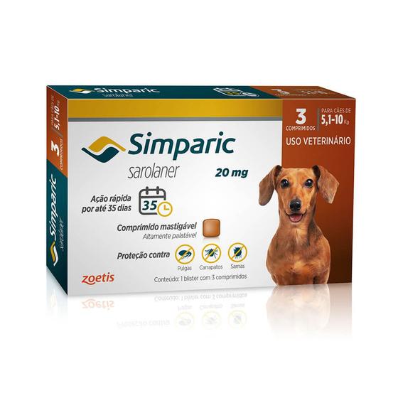 Imagem de Antipulgas Simparic 20mg Cães 5 á 10 Kg com 3 Comprimidos