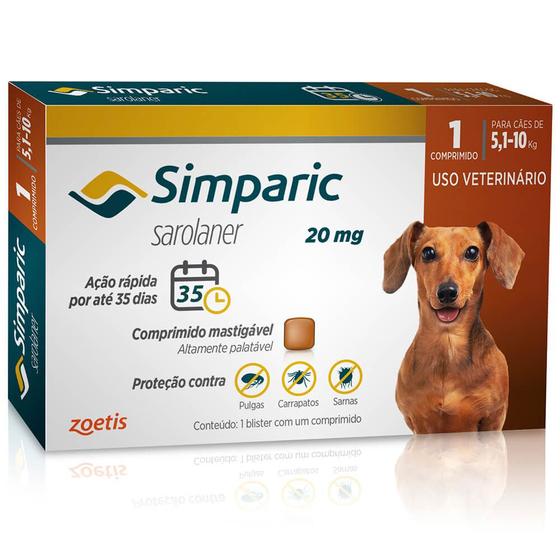 Antipulgas Simparic 20mg Cães 5,1 á 10kg com 1 Comprimido Menor preço em Antipulgas Simparic 20mg Cães 5,1 á 10kg com 1 Comprimido