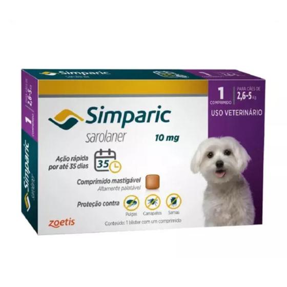 Imagem de Antipulgas Simparic 2,6 A 5kg Para Cães 10mg Cx 1 Comprimido