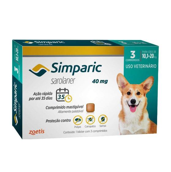 Imagem de Antipulgas Simparic 40 mg para cães 10,1 a 20 kg - Zoetis - 3 unidades