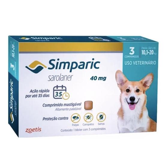 Imagem de Antipulgas Simparic 40 mg para cães 10,1 a 20 kg - Zoetis - 3 unidades