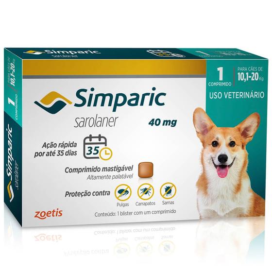 Imagem de Antipulgas Simparic 40mg Cães 10 á 20 Kg com 1 Comprimido