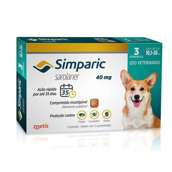 Antipulgas Simparic 40mg Cães 10 á 20 Kg com 3 Comprimidos Menor preço em Antipulgas Simparic 40mg Cães 10 á 20 Kg com 3 Comprimidos