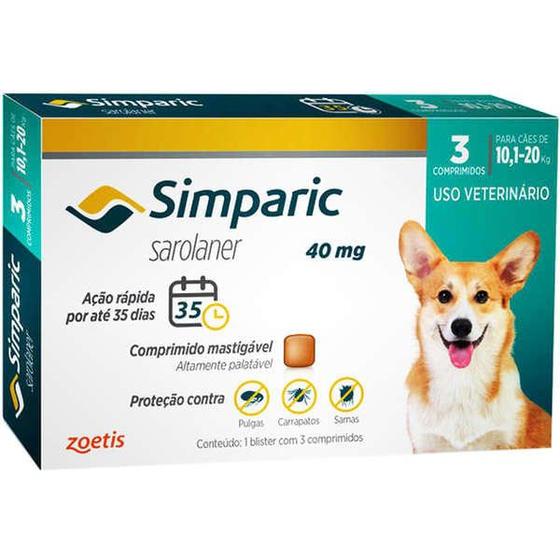 Antipulgas Simparic 40mg Cães de 10,1 a 20 Kg com 03 Comprimidos Menor preço em Antipulgas Simparic 40mg Cães de 10,1 a 20 Kg com 03 Comprimidos