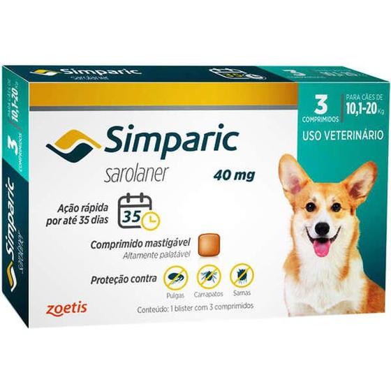 Imagem de Antipulgas Simparic 40mg Cães de 10,1 a 20 Kg com 03 Comprimidos