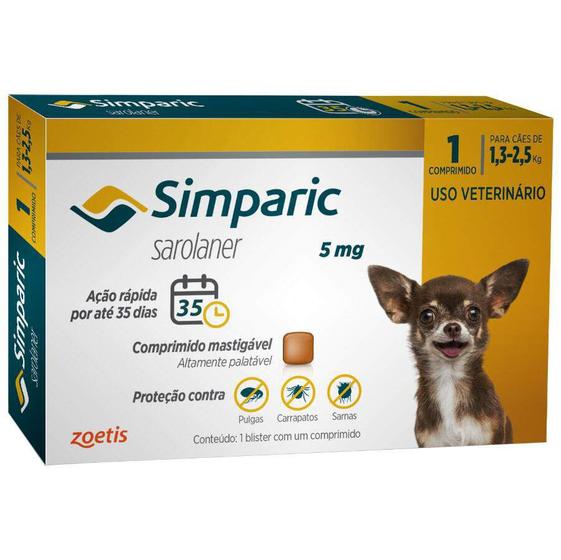 Imagem de Antipulgas Simparic 5 mg para cães 1,3 a 2,5 kg - Zoetis - 1 unidade