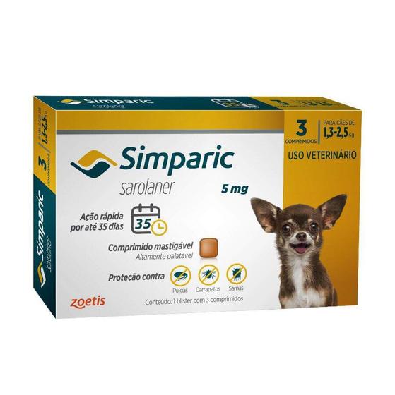 Imagem de Antipulgas Simparic 5 mg para cães 1,3 a 2,5 kg - Zoetis - 3 unidades