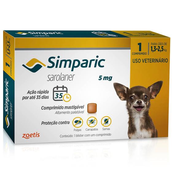 Imagem de Antipulgas Simparic 5mg Cães 1,3 á 2,5 Kg com 1 Comprimido