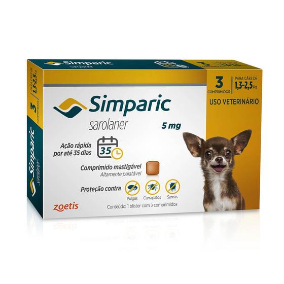 Imagem de Antipulgas Simparic 5mg Cães 1,3 á 2,5 Kg com 3 Comprimidos