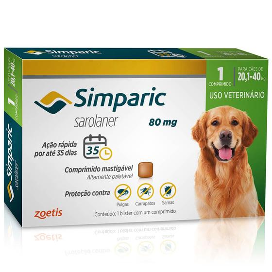 Antipulgas Simparic 80mg Cães 20,1 á 40 Kg com 1 Comprimido Menor preço em Antipulgas Simparic 80mg Cães 20,1 á 40 Kg com 1 Comprimido