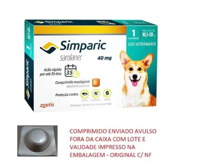Antipulgas Simparic para Cães 10,1 a 20kg C/1 comprimido 40mg - Zoetis Menor preço em Antipulgas Simparic para Cães 10,1 a 20kg C/1 comprimido 40mg - Zoetis