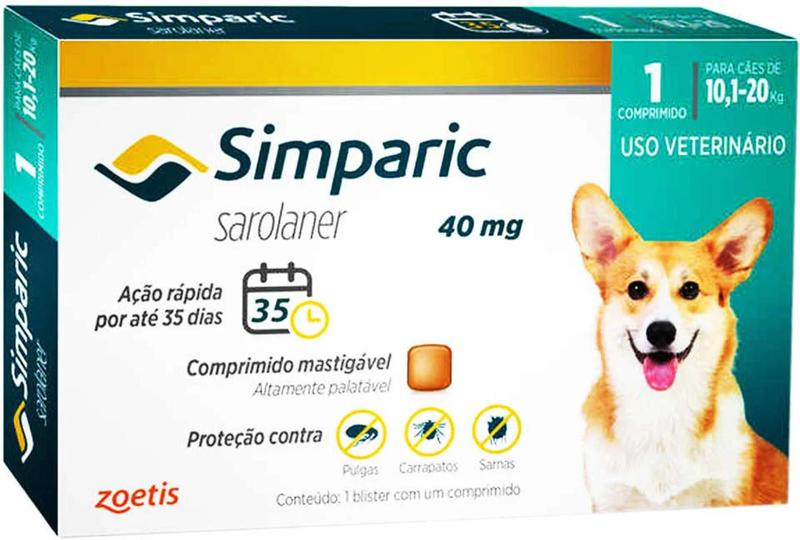 Imagem de Antipulgas Zoetis Simparic 40 Mg para Cães 10,1 A 20 Kg - 1 Comprimido